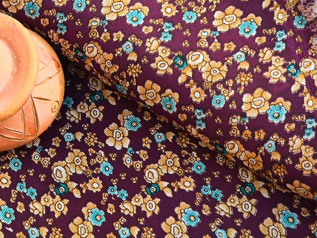 Violet & Cream Floral Digital Printed Premium Crepe Fabric
