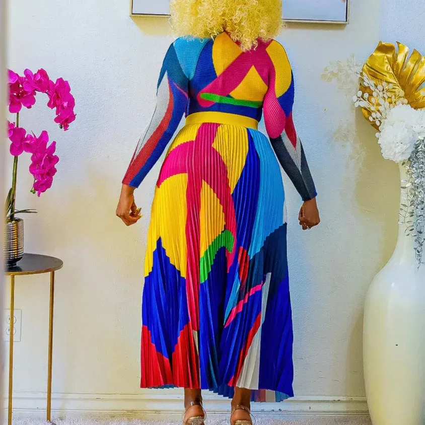 Women Ruched 2 Piece Outfit Long Sleeve T Shirt Tops High Waist Maxi Skirt