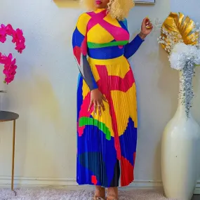 Women Ruched 2 Piece Outfit Long Sleeve T Shirt Tops High Waist Maxi Skirt