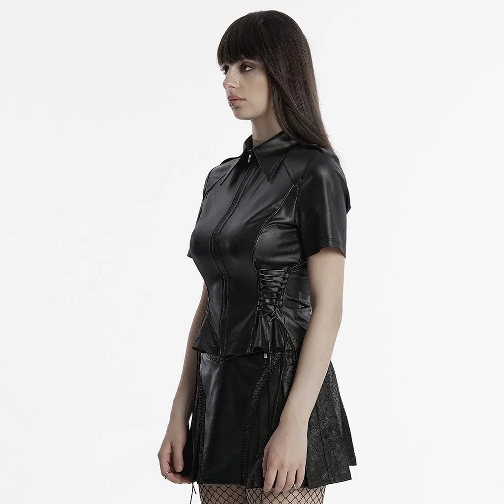 Women's Punk Military Turn-down Collar Lace-up Shirt