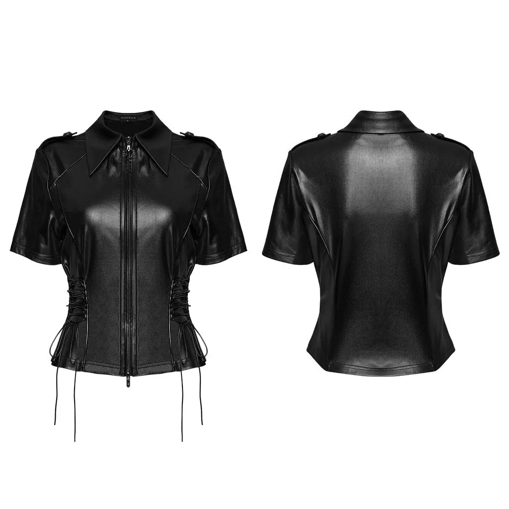 Women's Punk Military Turn-down Collar Lace-up Shirt
