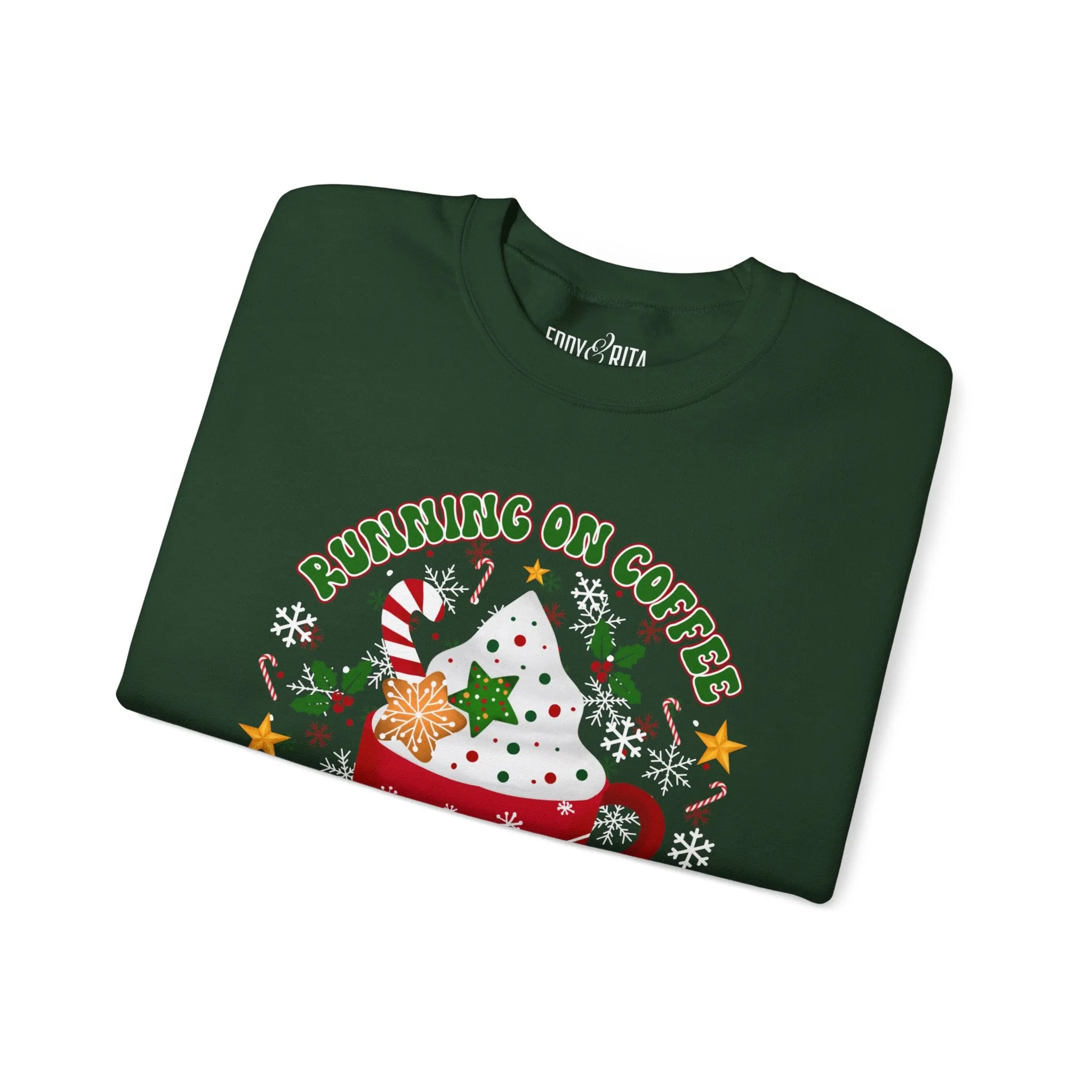 Women’s Running on Coffee and Christmas Cheer Sweatshirt – Cozy Holiday Crewneck for Coffee Lovers – Heavyweight Festive Pullover
