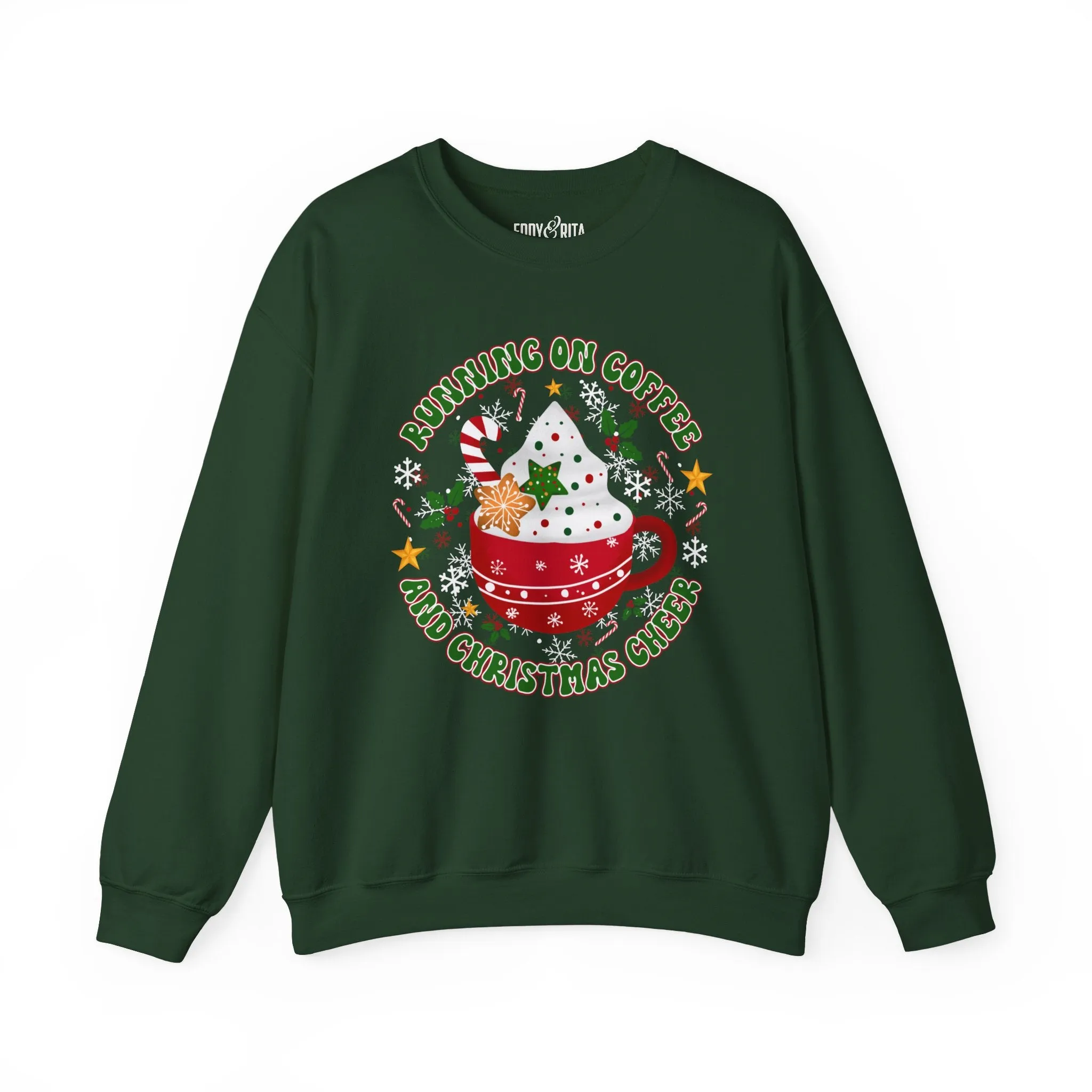 Women’s Running on Coffee and Christmas Cheer Sweatshirt – Cozy Holiday Crewneck for Coffee Lovers – Heavyweight Festive Pullover