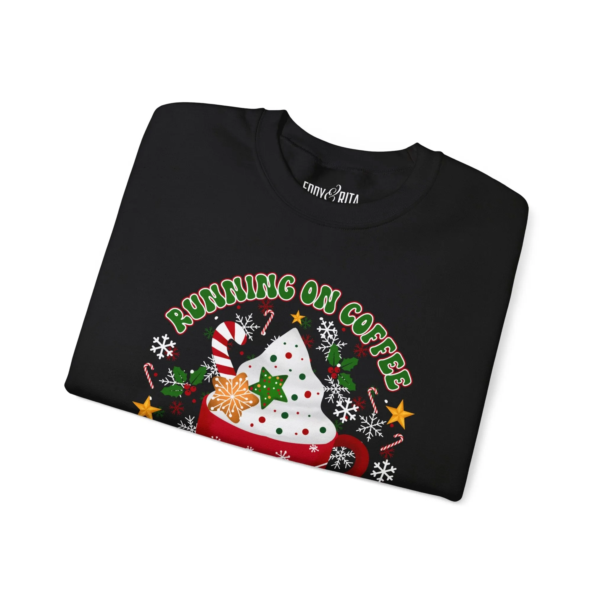 Women’s Running on Coffee and Christmas Cheer Sweatshirt – Cozy Holiday Crewneck for Coffee Lovers – Heavyweight Festive Pullover