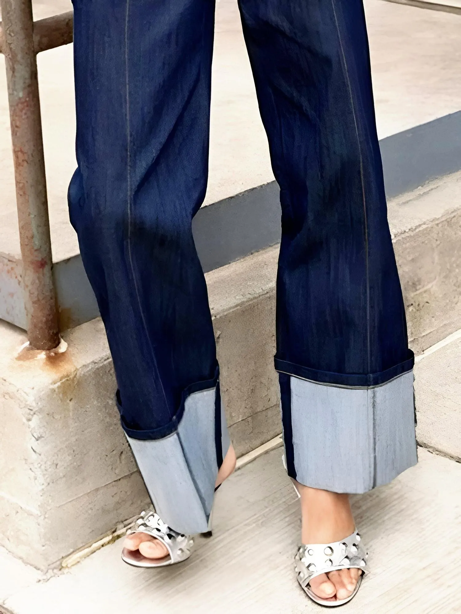 Women's Straight Leg Jeans 2025 Fall New Contrast Color Split-Joint High Waist Loose Fit Pants Buttoned Casual Trousers