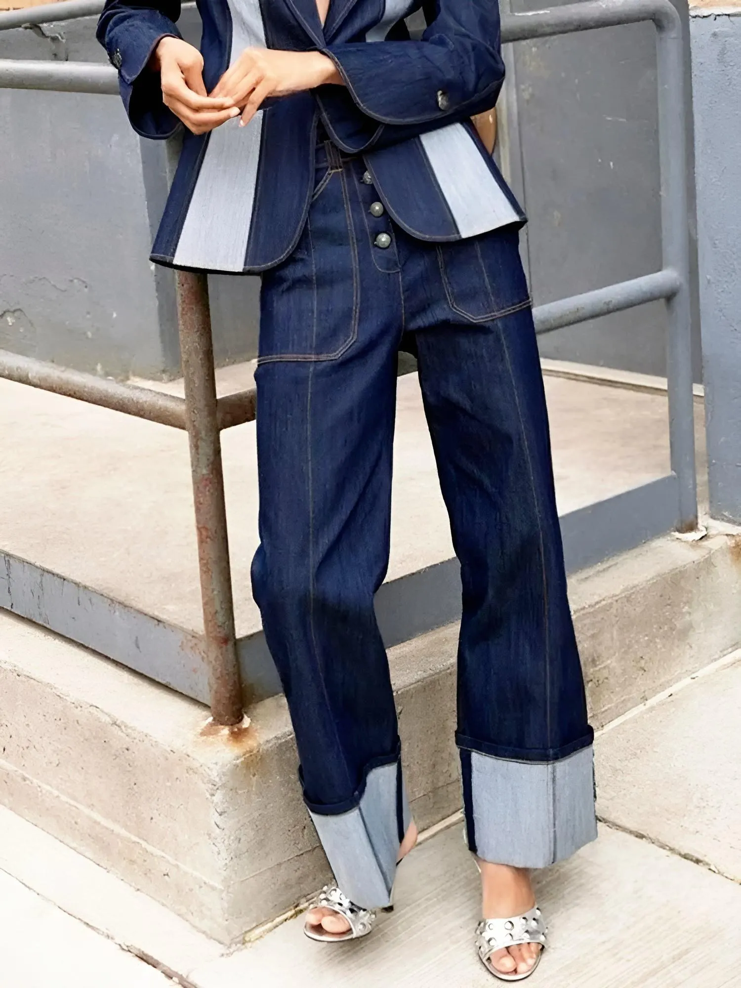 Women's Straight Leg Jeans 2025 Fall New Contrast Color Split-Joint High Waist Loose Fit Pants Buttoned Casual Trousers