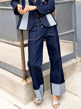 Women's Straight Leg Jeans 2025 Fall New Contrast Color Split-Joint High Waist Loose Fit Pants Buttoned Casual Trousers