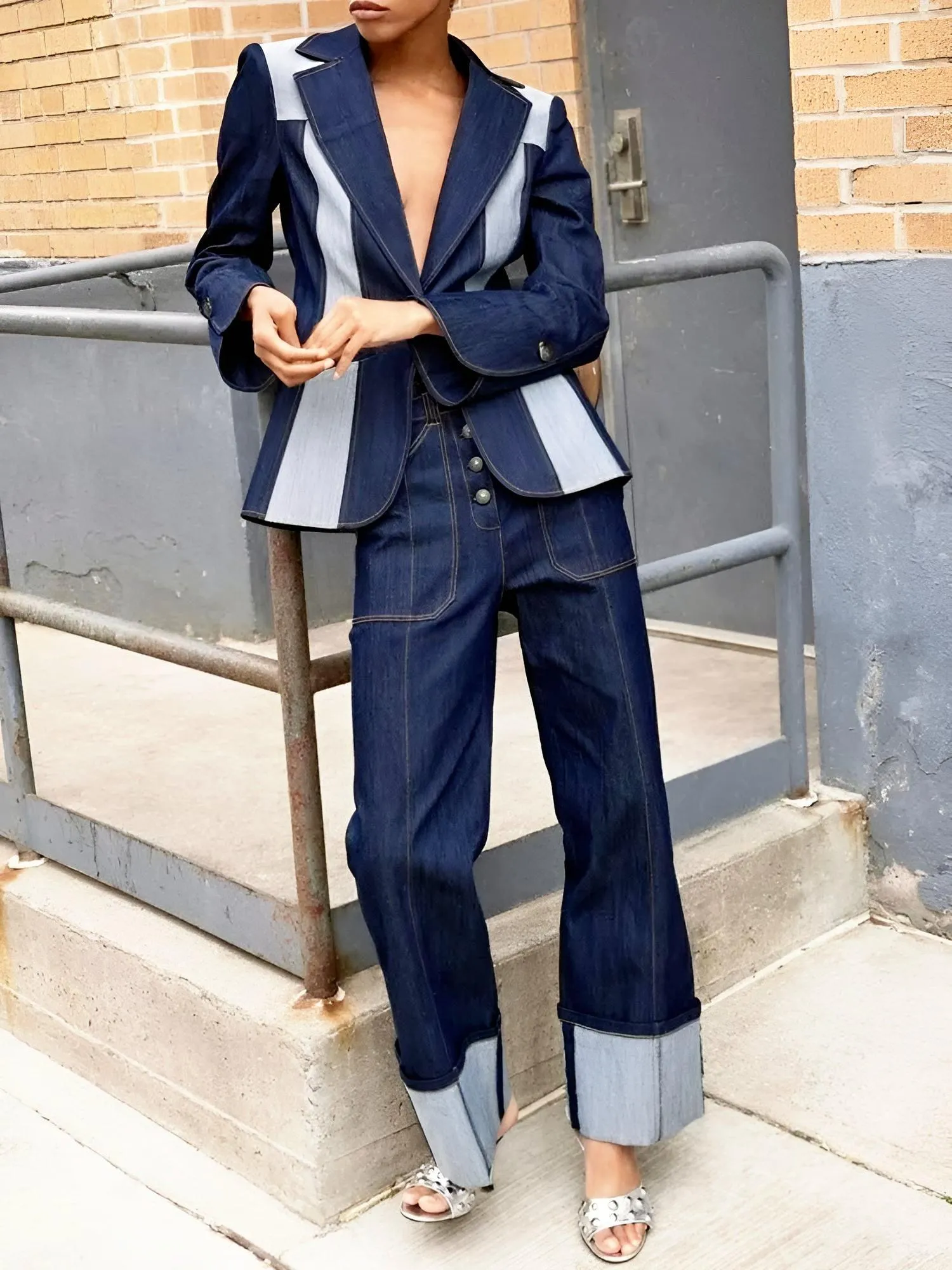 Women's Straight Leg Jeans 2025 Fall New Contrast Color Split-Joint High Waist Loose Fit Pants Buttoned Casual Trousers