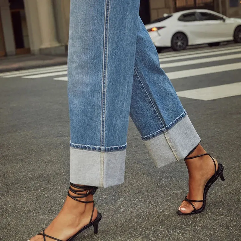 Women's Trendy Cuffed Denim Loose Straight  Leg Jeans High Quality